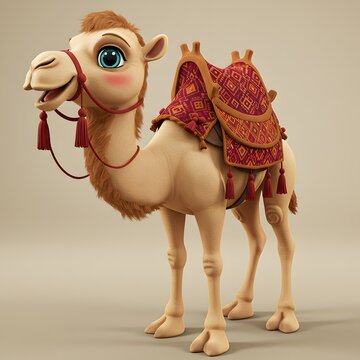 3D Camel animated with a large, expressive eye, rosy cheeks, and a friendly demeanor.