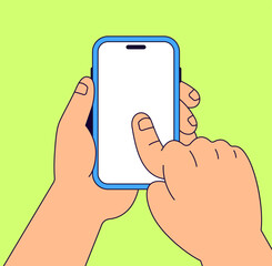Two hands holding a smartphone with a blank white screen and tapping it with a finger Cartoon illustration vector for technology, mobile app usage, touchscreen interaction, texting, or social media