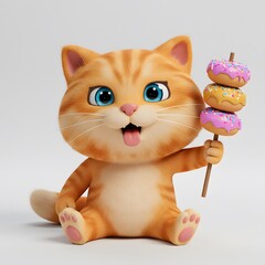 3D Cute Cartoonish orange cat holding a stick with four colorful Donuts stacked on it