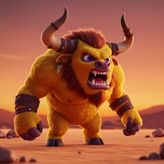 3D Muscular Bull Orange and Brown creature with large horns and sharp teeth, standing in a desert.