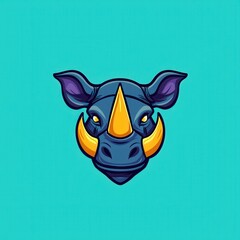 Naklejka premium Cartoon rhinoceros head illustration with orange horn and purple body on teal background