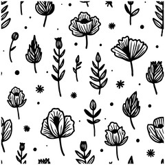 Botanical Black and White Hand-Drawn Floral Pattern with Flowers and Leaves
