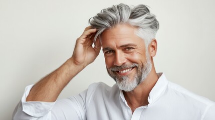 Obraz premium Confident mature handsome gray-haired male model touching hair advertising barbershop haircare service,