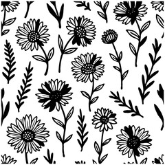 Monochrome floral pattern of stylized daisies and foliage for decoration