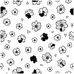 Floral pattern in black and white, simple botanical design with geometric accent