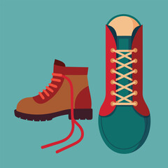 Hiking Boots & Footwear Vector Top view of one boot untied and one fully laced lifestyle vibe