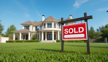 House Sold Sign on Lawn in Front of Large Home on Sunny Day