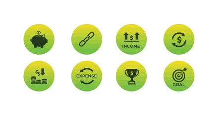 Financial goals and saving money concept featuring piggy bank, expense, income, investment, and target on green gradient background