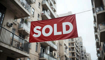 Obraz premium Sold Sign Hanging Between Apartment Buildings in City Street