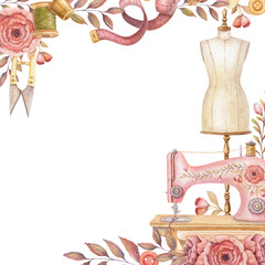 Square frame with watercolor sewing machine and copy space. Hand drawn vintage floral template with measuring tape and mannequin. Perfect for tailor logo and romantic card and invitation design.