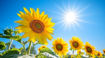 Fototapeta premium Vibrant sunflowers bask in bright sunlight against a clear blue sky. A cheerful summer scene perfect for nature, happiness, and positive vibes.