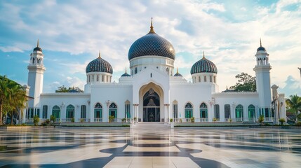 Fototapeta premium A magnificent white mosque with intricate details and shimmering domes.