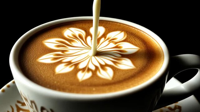 Aromatic coffee art creation.  Milk poured into a cup of coffee, forming a beautiful flower pattern