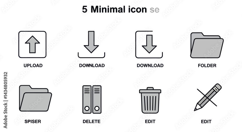 Fototapete Minimalist icon set for web and mobile design featuring upload download folder delete and edit options for user interface