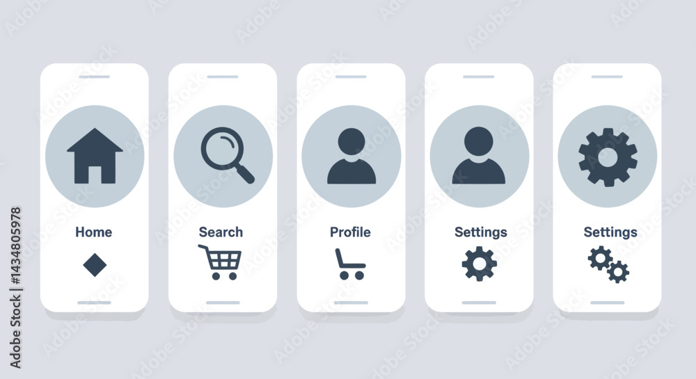 Poster mobile app navigation bar concepts featuring home search profile settings icons for user interface d