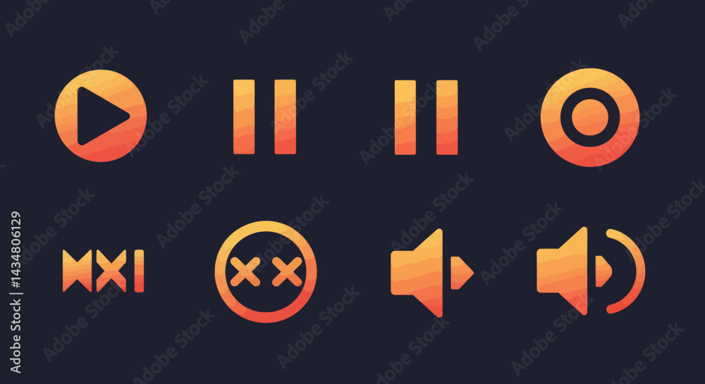Poster orange gradient ui icons for play pause stop volume media control interface design