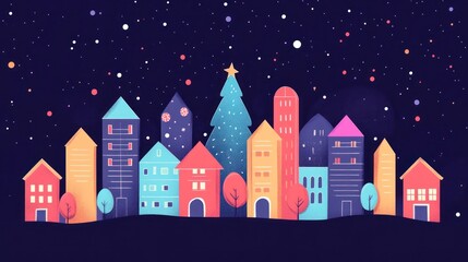 Obraz premium Festive city skyline with Christmas tree under starry night sky for holiday design