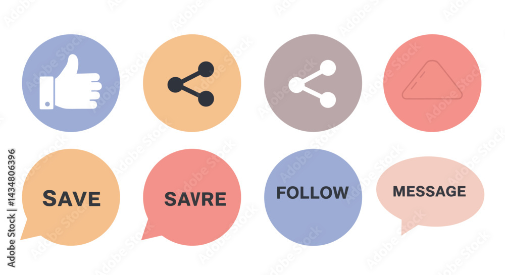 Poster social media icons set featuring like share save follow message and upload buttons for digital engag
