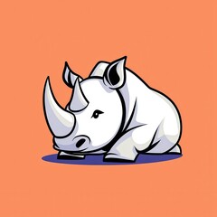 Obraz premium Cartoon rhinoceros lying down on a blue patch with a peach background