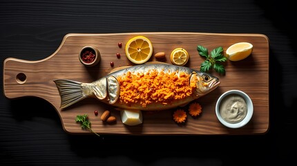 A 3D render of golden-battered fish and accompaniments on a wooden board, overhead bird’s eye view, intense jet black, deep shadows, top-down perspective