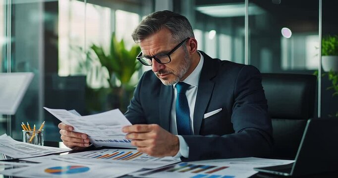 Business professional analyzing financial reports in a modern office with greenery background