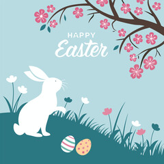 Happy Easter Poster – Bunny Silhouette, Spring Flowers, Cherry Blossoms & Colored Eggs on Blue Background | Holiday Banner & Flyer Template with Text Space