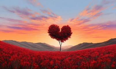 Heart-shaped tree in a red field at sunset