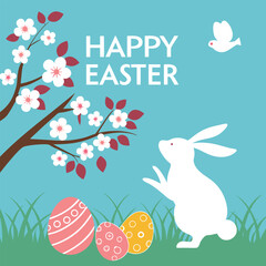 Happy Easter Poster – Bunny Silhouette, Spring Flowers, Cherry Blossoms & Colored Eggs on Blue Background | Holiday Banner & Flyer Template with Text Space