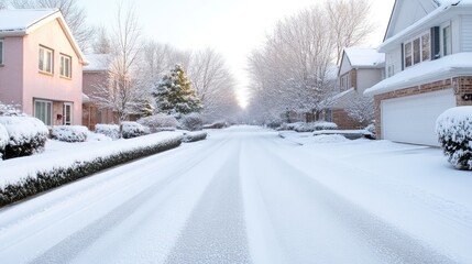 Fototapeta premium Snowy residential street in winter. A quiet, snow-covered street lined with houses, trees, and bushes. The morning sun casts a soft light over the scene