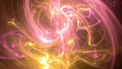 Obraz premium 銀河のエネルギーが交錯し、ピンクと金色の光が美しく広がる空間に、深い静寂と平和を感じる幻想的なビジュアル