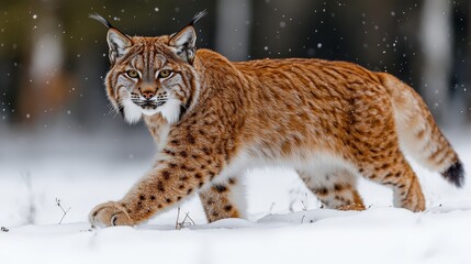Fototapeta premium Majestic wildcat strides through a snowy forest.