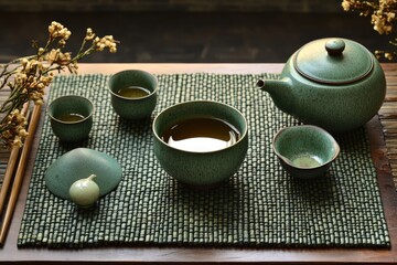 Green tea set on bamboo placemat (1)