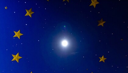 Naklejka premium 金色の星々が点在する深い青と黒の空、中央の輝く大きな光がスピリチュアルな導きを示す幻想的な空間