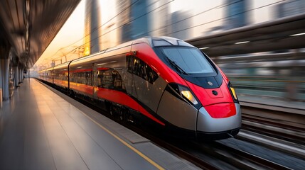 Fototapeta premium High-speed train at sunset station