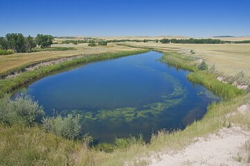 Serene, still lake in field