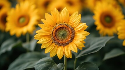 Fototapeta premium Vibrant yellow sunflower in a field of blooming sunflowers.