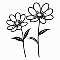 Simple Line Drawing of Two Blooming Flowers with Leaves on a Transparent Background