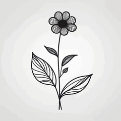 Elegant Black Line Art Flower Botanical Illustration with Leaves for Design Projects