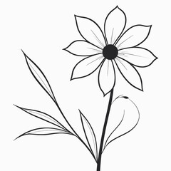 Elegant Black and White Line Drawing of a Blooming Flower with Leaves on a White Background