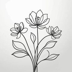 Elegant Line Art Floral Bouquet Design featuring Simple Black Flowers and Leaves on a White Background