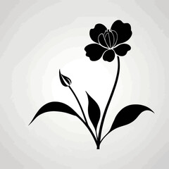 Elegant Black Flower Silhouette Botanical Illustration with Bud and Leaves on Transparent Background