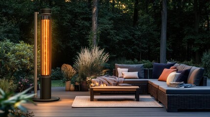 Outdoor terrace heating with stylish furniture and verdant woodland backdrop