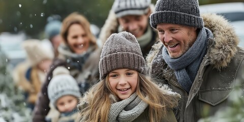 Fototapeta premium Cheerful family enjoying winter outdoors, smiling children and adults dressed in warm coats and hats, perfect for holiday themes.