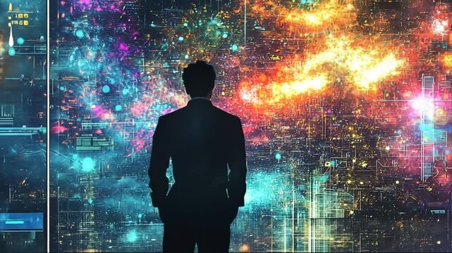 Man faces a vibrant digital wall, embodying the future of technology and innovation