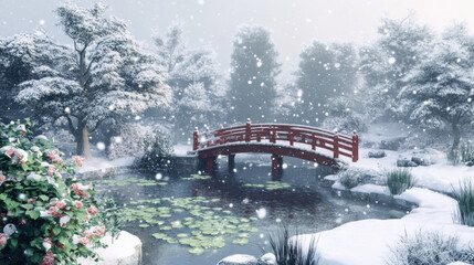 Snow Covered Winter Garden Pond and Bridge.