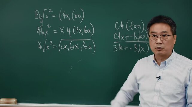 A middle-aged Asian male teacher demonstrating mathematical equations on a green chalkboard in a classroom setting, engaging students with complex algebraic expressions and solutions.