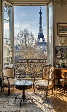 Elegant Parisian living room with Eiffel Tower view, showcasing vintage furniture and cityscape