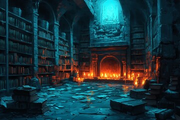 Fototapeta premium Dark library, stone walls, fireplace, candles, fantasy setting, game background
