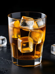 Amber-colored beverage with ice cubes in a clear glass on a dark surface.