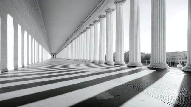 Long colonnade of Renaissance palace showcases stunning architecture with columns, shadows, and light, creating captivating perspective for viewers.